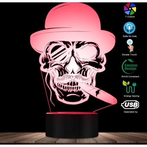 Skull In Hat With Cigar And Monocle Emblem 3D Lighted Sign Cigar Smoking Skull Lamp Halloween Skeleton Smoke LED Night Light