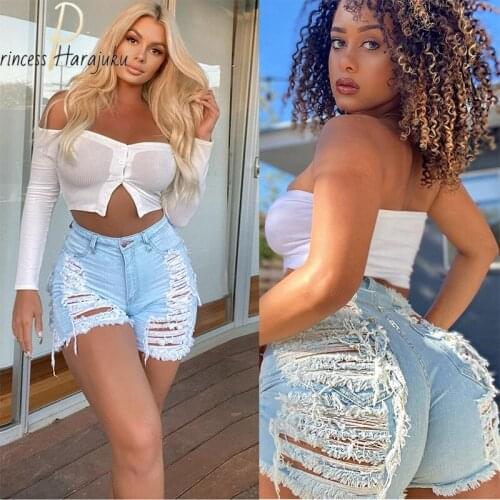 Aesthetics Light Blue Cut Out Denim Plus Size Shorts With Tassel Women Streetwear Mid Waist Hollow Out Sexy Hole Jean Shorts
