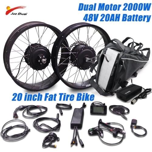 20 inch Fatbike 2 Motors Electric Bike Conversion kit with Battery 2000W Hub Motor Front Rear Wide 48V 20Ah Electric Bike Kit