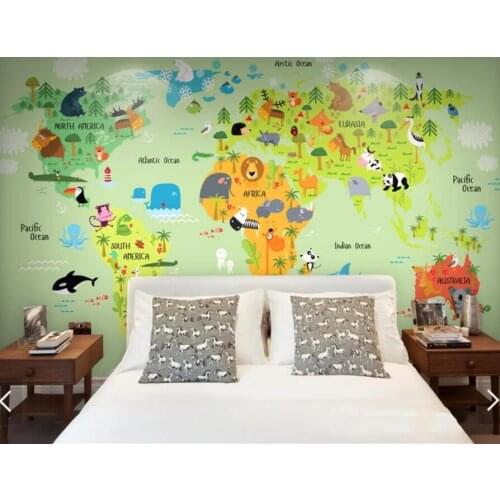World Map with Animal Wallpaper Mural Printed Papiers Peint 3d Custom Photo Murals Wallpapers for Nursery Room Home Decor