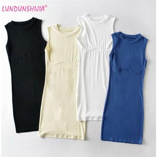 LUNDUNSHIJIA 2021 Summer Slim Mini Dress Sexy Solid Cotton Tight O-Neck High Waist Sleeveless Buttocks Dresses Vestidos