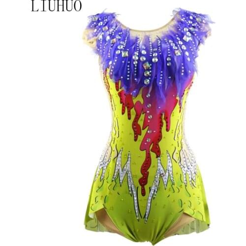 LIUHUO Rhythmic Gymnastics Leotards Girls Women Navy Blue Feather Jewelry Competition Gymnastics leotards for Team