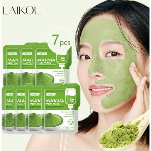 LAIKOU 7pcs Matcha Green Clay Mud Face Mask Anti wrinkle Night Facial Packs dark circle Moisturize Anti-Aging Mask for facecare