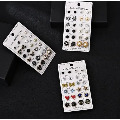 12 Pairs Butterfly Womens Earrings Set Zircon Crystal Stud Earrings Boho Geometric Round Earrings For Women 2021 Trend Jewelry