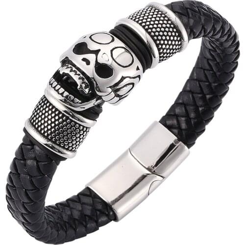 Punk Skull Black Braided Leather Bracelet Men Jewelry Stainless Steel Magnetic Buckle Male Bangles Wristband 2020 Gifts