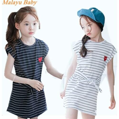 Baby Girl Dress Summer New Girl Pure Cotton Striped Cartoon Pattern Short Sleeve Dress 3-7 Years Old Casua