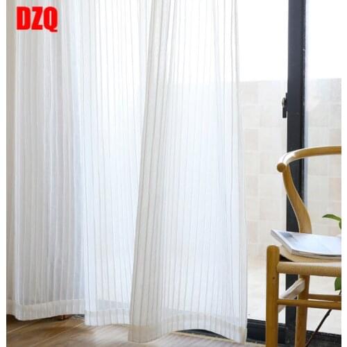 Simple and Modern Nordic Style White Gauze Korean Style Cotton and Linen Striped Screen Curtain for Living Room Bedroom