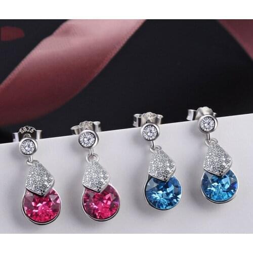 Crystal Saphire Original S925 Sterling Silver Earrings Luxury Zircon Diamond Drop Earring for Women Charms Ruby Stone Jewelry