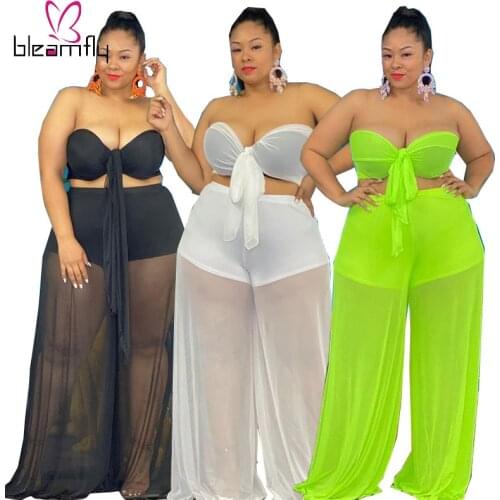 Mesh Sheer Beach Two Piece Set Women Sexy Crop Top And Wide Leg Pant Swimwear 2 Piece Club Outfits Matching Sets Plus Size 5XL