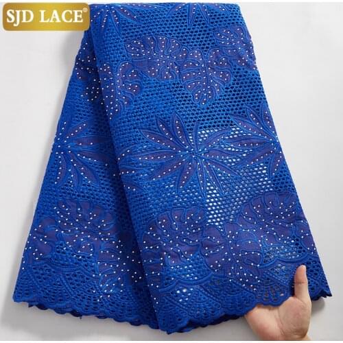 SJD LACE 5Yards Swiss Voile Lace Dubai Style High Quality Holes Pure Cotton African Lace Fabric Royal Blue Church Material A2496