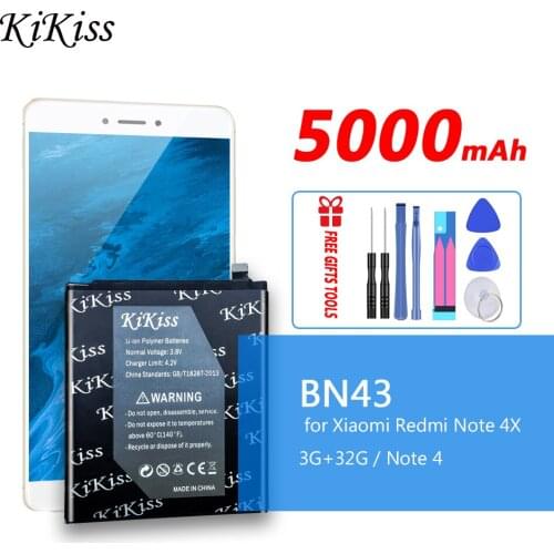KiKiss BN43 5000mAh For Xiaomi Redmi Note 4X 3G+32G / For Redmi Note 4 Global Version Snapdragon 625 Phone Replacement Batteries