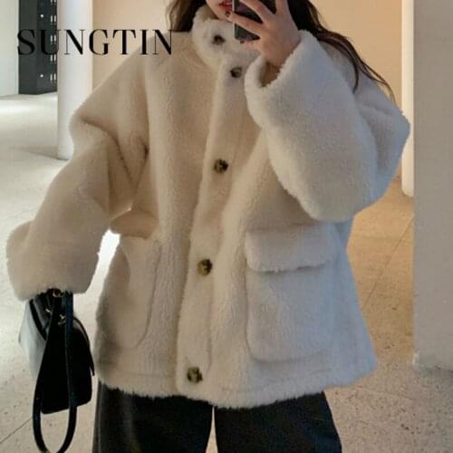 Sungtin Vintage Teddy Thicken Warm Lamb Wool Loose Coats Women Oversized Fashion Fleece Jackets 2021 Winter Causal Outerwear
