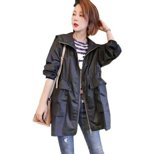 2021 New Spring Autumn Women Trench Coat Mid-Length Loose Casual Coat Outerwear Hooded Black Khaki Thin Windbreaker Female A14