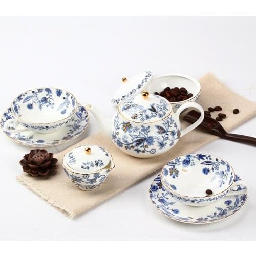 Japanese bone china teapot, cup, saucer, British afternoon tea set, creative blue and white ceramic gift pot and plate