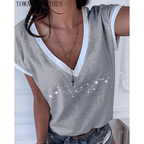 Women Summer V Neck Studded Short Sleeve T-shirt Tops Tee Female Shirt Woman Camisetas Mujer