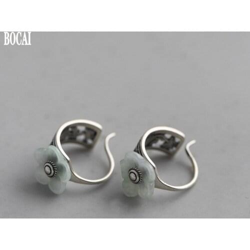 BOCAI 100% real S925 pure silver retro matte silver earrings for woman fashion jade flower Thai silver woman earrings