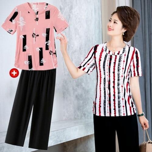 2021 Summer 2 Piece Set Women Short Sleeve Fashion Printed Chiffon Tops and Wide Leg Pants Sets Casual Two-Piece Suit Y913