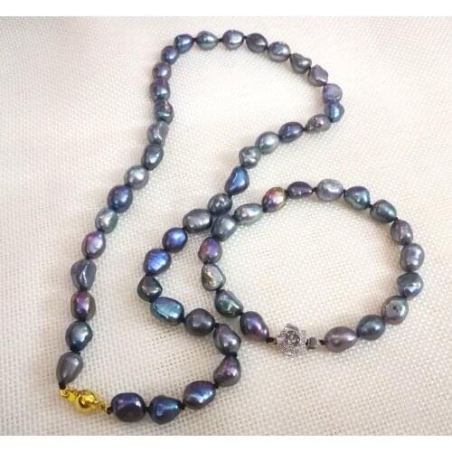Women Jewelry set 17'' 43cm gold clasp necklace 10mm black blue gray purple baroque pearl handmade bracelet freshwater pearl