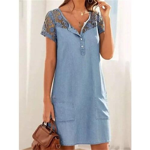 2021 Women Hollow Out Short Sleeve Lace Patchwork Buttons Pocket Knee-Length Denim Dress Ladies Casual Solid Color Jean Dress