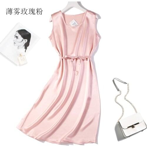 Womens 100% Mulberry Satin Silk Round neck Sexy sleeveless pink red Long Dress L XL JN499