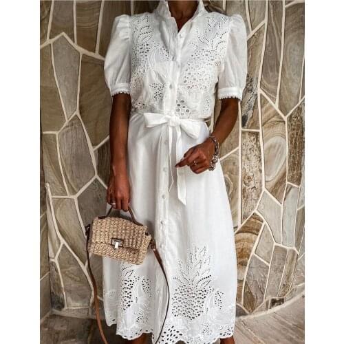 Elegant hollow lace pineapple pattern embroidery long shirt dress Summer sashes short sleeve stand collar button up maxi dress