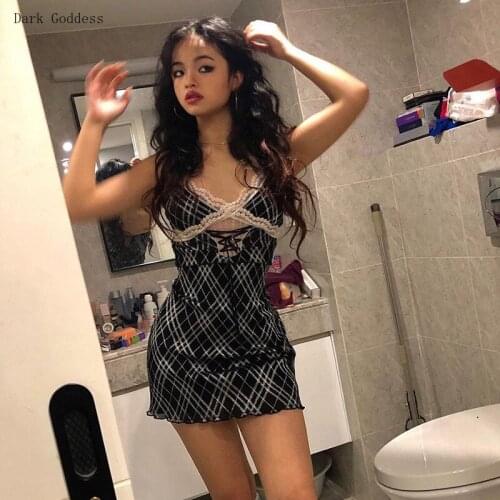 Plaid Dress Ladies Sleeveless V-neck Patchwork Lace Sexy Front Lace-up Sexy Skinny Harajuku Streetwear Summer Halter Mini Dress