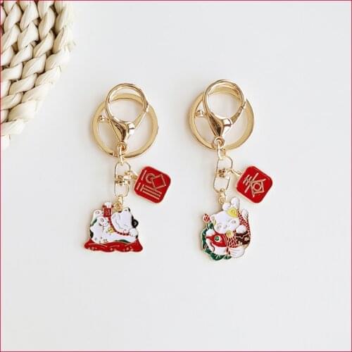 Personalized Gift Maneki Neko Keychains Women Kawaii Keychain Phone Charm Lion Dance Keyring for Car Keys Wholesale Couple Gift
