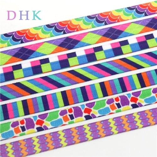 DHK 5/8'' 10yards rainbow plaid colors printed Fold Elastic FOE stretch ribbon hairbow headwear headband DIY OEM B1781