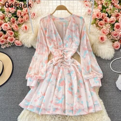 Gagaok Dresses for Women 2021 Spring Autumn New V-Neck Lantern Sleeve Chiffon Midi Dresses Korean Elegant Chic Wild Vestidos