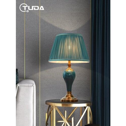 TUDA American Style Green Ceramic Table Lamp for Bedroom Living Room Bedside Lamp Night Light Home Decor Modern Table Lamp
