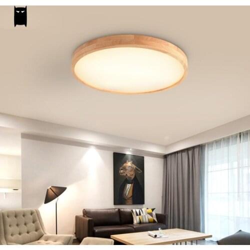 Round Thin Oak Wooden Acrylic Geometry Ceiling Light Fixture Surface Mounted Japanese Minimalist Plafon Lamp Foyer Living Room