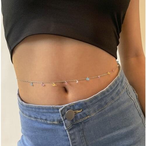 Fashion Colorful Crystal Heart Pendant Females Body Belly Chain Simple Gold Silver Color Thin Chain Bikini Waist Chain For Women