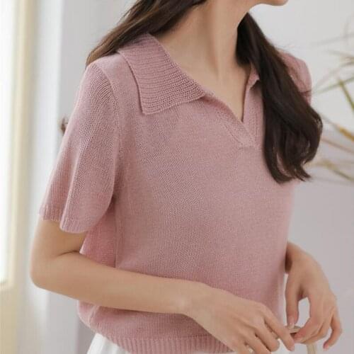 New Simple Women Knitting Tops Chic Lapel Short Sleeve Female Summer T-shirt Casual Woman Streetwear Cute Short Top