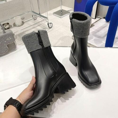 Autumn Serrated sole Women&Chelsea Rain Boots PVC Zip Ankle Boots Woolen Comfort 6cm Height Increasing Thick Sole Ankle Boots