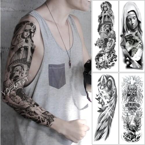 Large Arm Sleeve Tattoo Cross Angel Hymn Waterproof Temporary Tattoo Sticker Psalm Wing Saint Men Full Skull Totem Tatoo