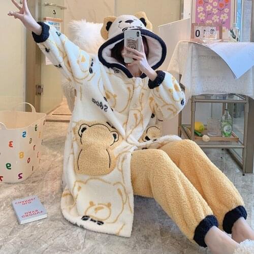 2 Piece Pajama Set Women Cute Korean Pajamas Plush Hooded Flannel Pajamas Woman Winter Badjas Dames Schlafanzug Home Clothes
