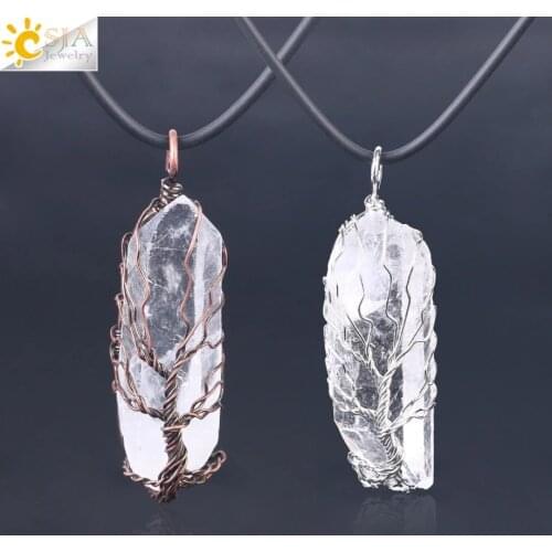 CSJA Natural Crystal Pillar Big Pendants Antique Copper Wire Wrapped Tree of Life Quartz Pendant for Necklace PPC Chain F554