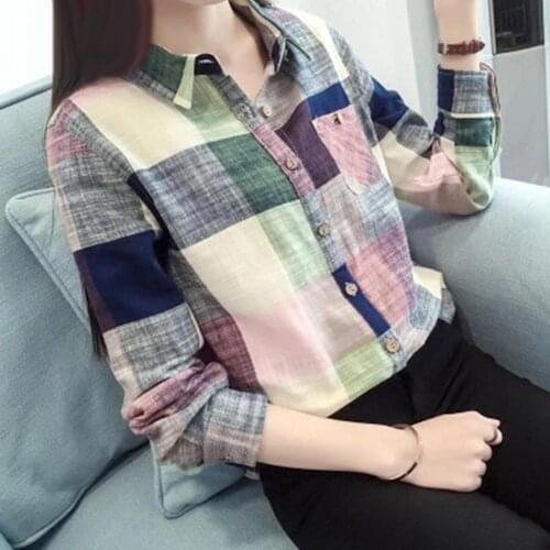 Women Casual Long Sleeve Turn Down Collar Pocket Slim Cotton Linen Plaid Shirt Fashion Women Casual Tops Elegant Printed shirt
