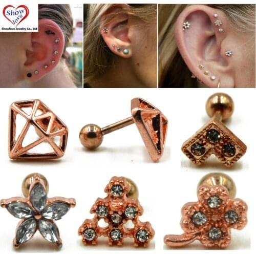 Showlove-PAIR Rose Gold New Degsin Ear Studs Cartilage Earrings Tragus Helix Piercing 16 Gauges Ear Studs Lip Rings Jewelry