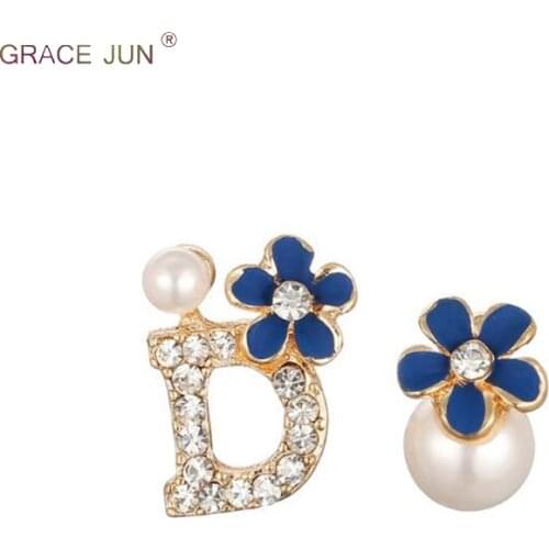 GRACE JUN Rhinestone Simulated Pearl Enamel Daisy Flower Letter "D" Clip on Earrings Non Piercing for Women Luxury Jewelry Gift