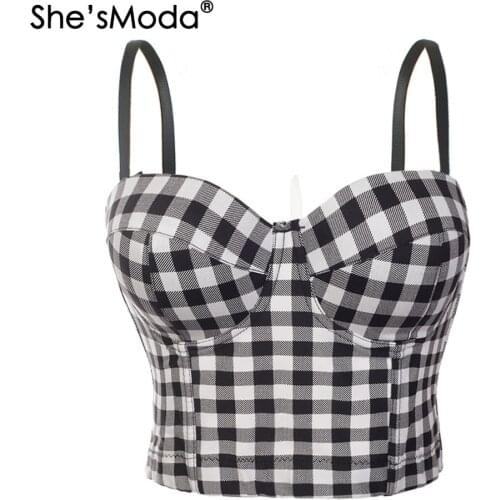 ShesModa Cotton Plaid Bustier Push Up Night Club Bralette Womens Floral Bra Cropped Top Vest Corset Plus Size