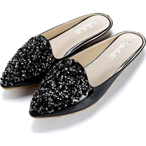 Fashion Women Bling Mule Shoes Flat Rhinestone Casual Sandals Sewing Leather Flower Slides Outdoor Female Slippers