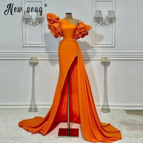 3 Designs Orange Crystals and Ruffles Prom Dresses 2021 One Shoulder Split Side Evening Gowns Shiny Satin Party Dress