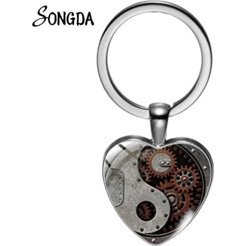 Vintage Tai Ji Yin Yang Heart Keychain Black White Chinese Taoism Sign Art Photo Glass Gem Keyring Jewelry for Women Men Gift