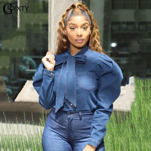 GBYXTY Ladies Vintage Puff Sleeve Bow Tie Collar Denim Shirts Women Long Sleeve Button Down Denim Blouse and Tops blusa ZL526
