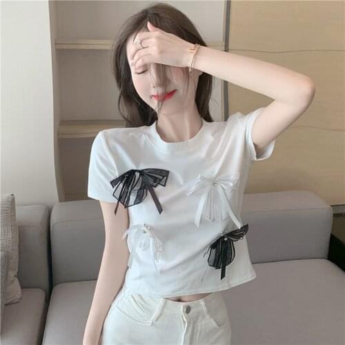 2021 Spring and Summer Korean Design Bow Short-sleeved T-shirt Sweet Short Top Female Bottoming T Shirt for Women