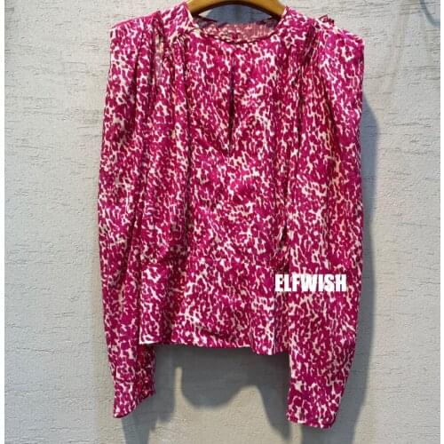 2022SS New Woman Printed Silk Blouse V-neck Long Puff Sleeves Fashion Tops