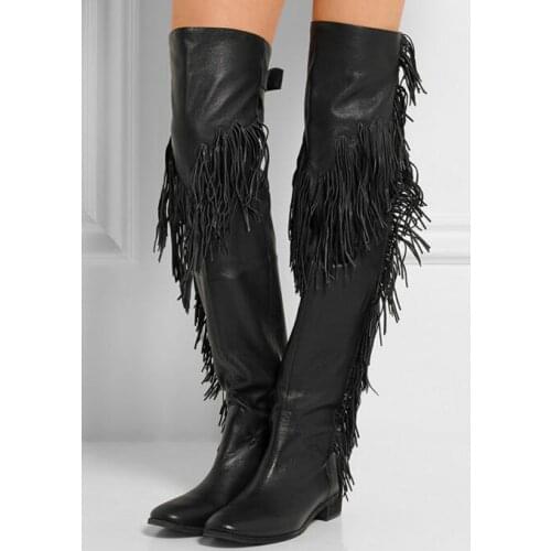 Womens Thigh High Boots Fringed Flat Heels Over The knee Boots Leather Black Buckle Strap Tassel Winter Women Boots High Quality