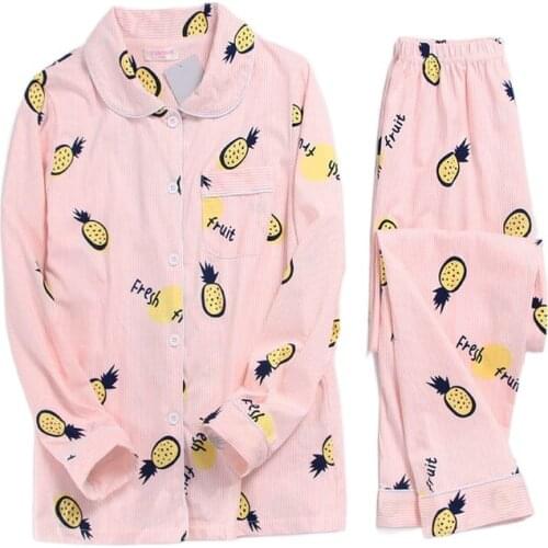 Women Pajama Sets 2021 Summer Strawberry Prnt Thin Knitted Cotton Sleepwear Lounge Home Clothing Long Sleeve Cute Nightwear Suit