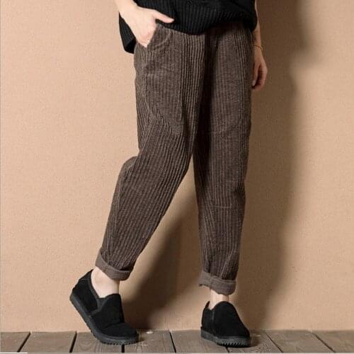 Women Corduroy Pants Vintage Autumn Winter Casual Thicken Warm Elastic Waist Loose Cotton Trouser Wide Leg Pants Plus Size 2019